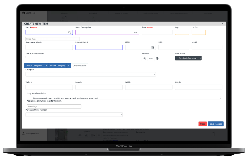 Create new item popup
